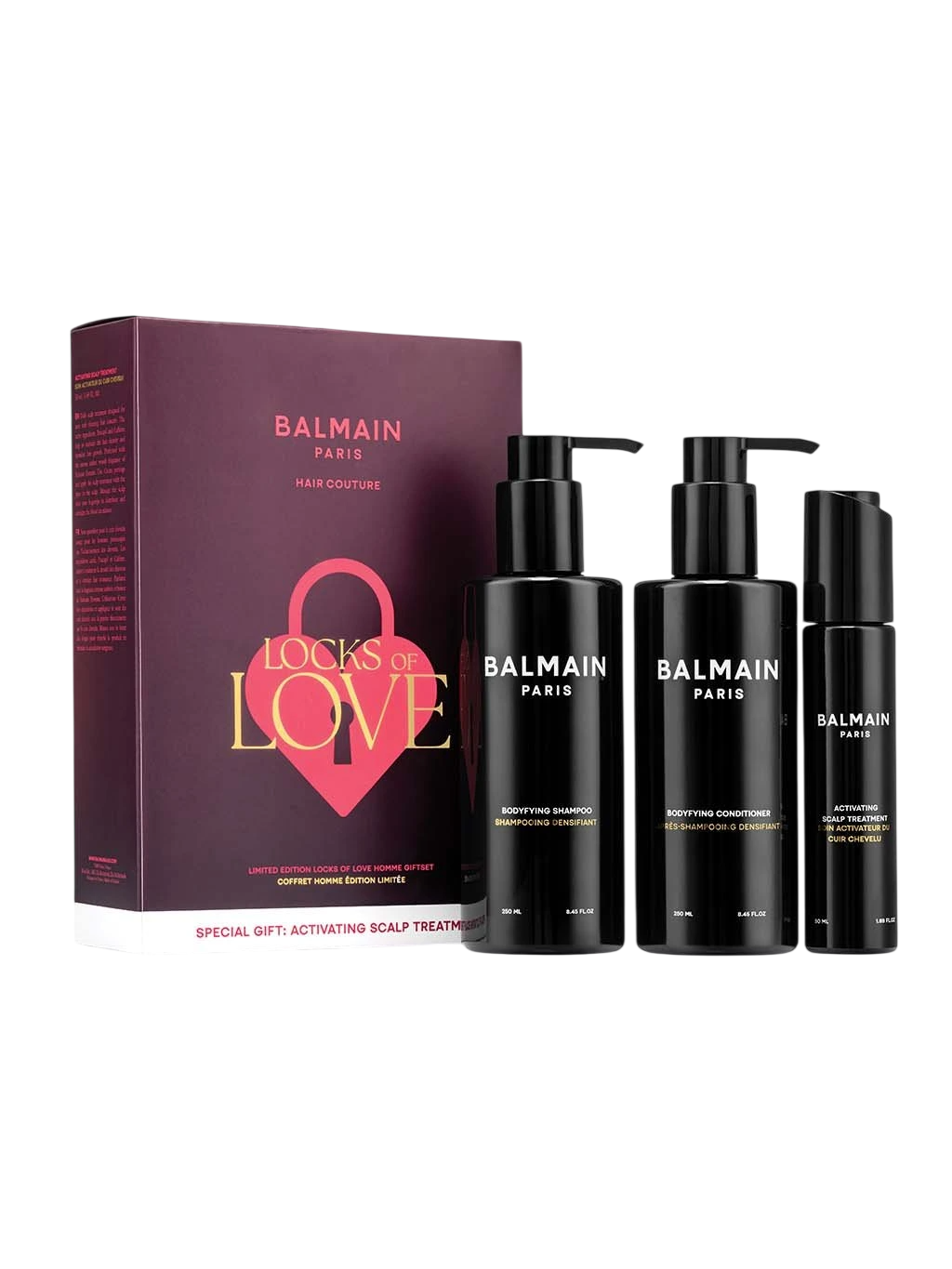 Locks of Love Set Balmain Professionnel: Homme, Hair Shampoo, Bodyfying, 250 ml + Homme, Hair Conditioner, Bodyfying, 250 ml + Homme, Scalp Serum, For Growth Stimulation, 50 ml