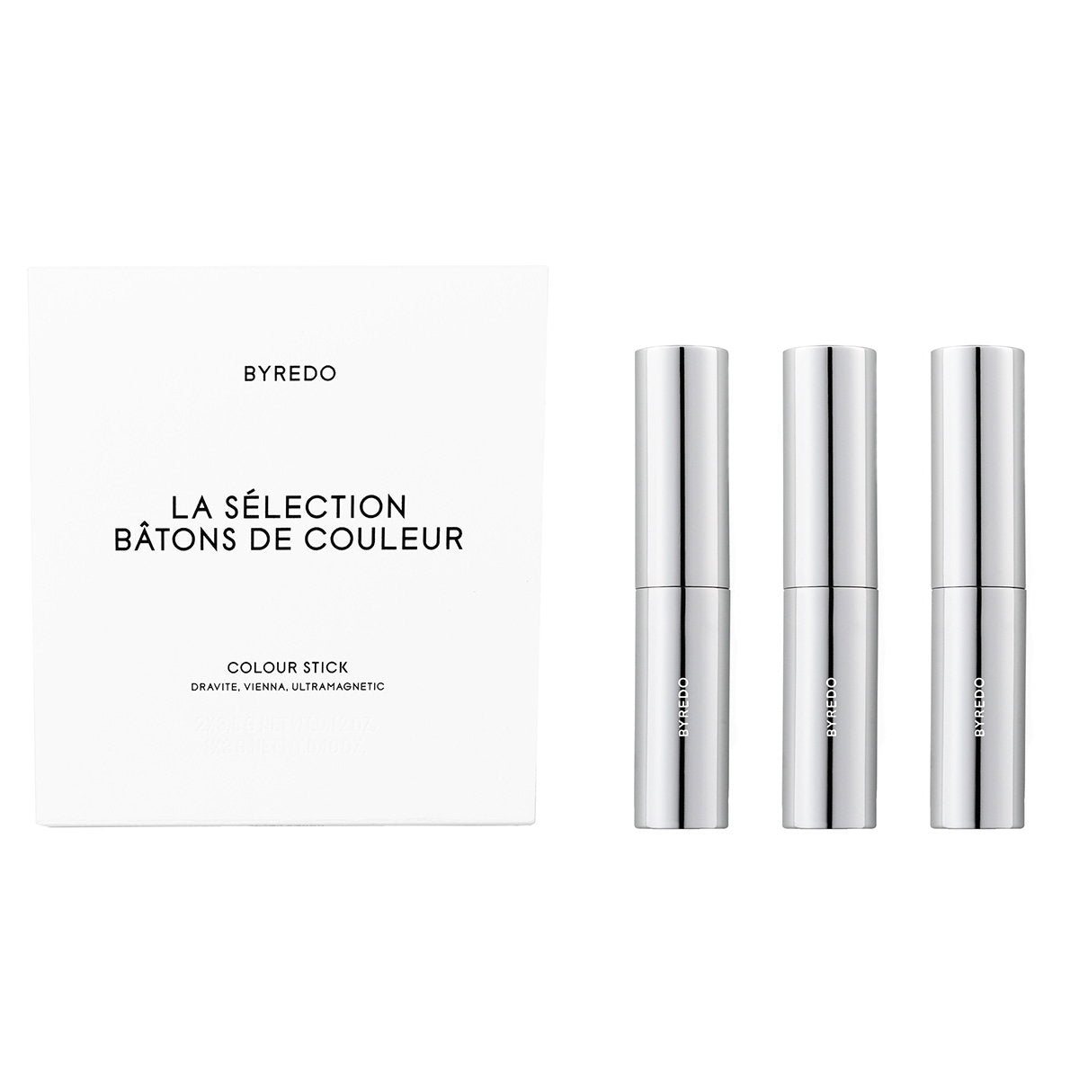 Set Byredo: Colour Stick, Multifunctional, Eyeshadow Stick, Dravite, 3.5 g + Colour Stick, Multifunctional, Eyeshadow Stick, Vienna, 3.5 g + Colour Stick, Multifunctional, Eyeshadow Stick, 580, Ultramagnetic, 3.5 g + Byredo, GWP Textile Pouch