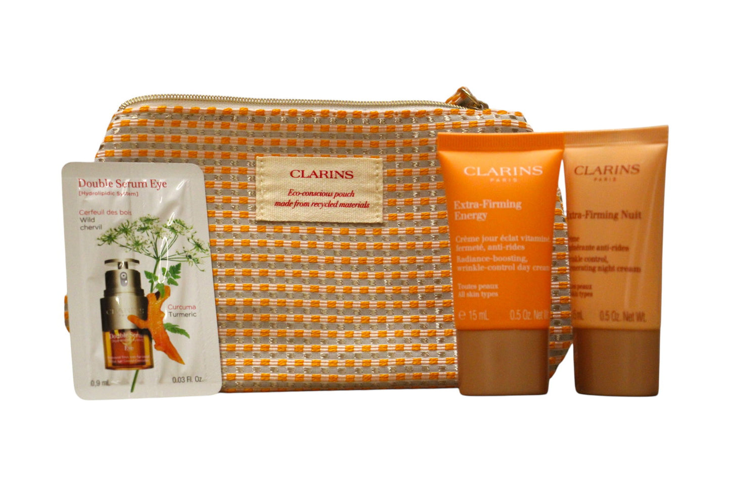 Set Clarins: Double Eye, Anti-Ageing, Eye Serum, 0.9 ml *Sample + Extra-Firming Energy, Anti-Wrinkle, Day, Cream, For Face, 15 ml + Extra-Firming, Collagen, Firming, Night, Cream, For Face, 15 ml + Clarins, GWP Textile Pouch