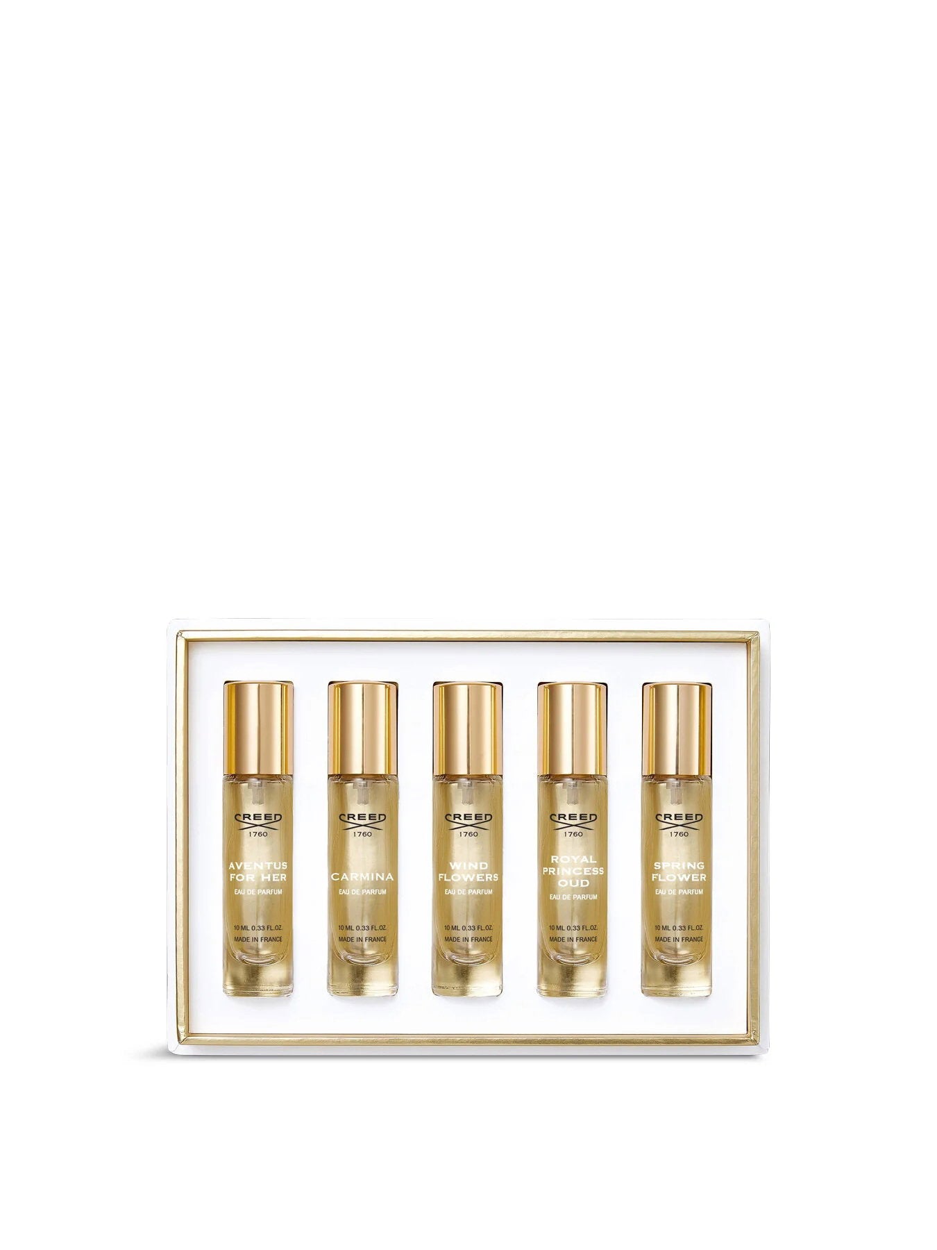 Set Creed: Wind Flowers, Eau De Parfum, For Women, 10 ml + Royal Princess Oud, Eau De Parfum, For Women, 10 ml + Carmina, Eau De Parfum, For Women, 10 ml + Aventus, Eau De Parfum, For Women, 10 ml + Spring Flower, Eau De Parfum, For Women, 10 ml