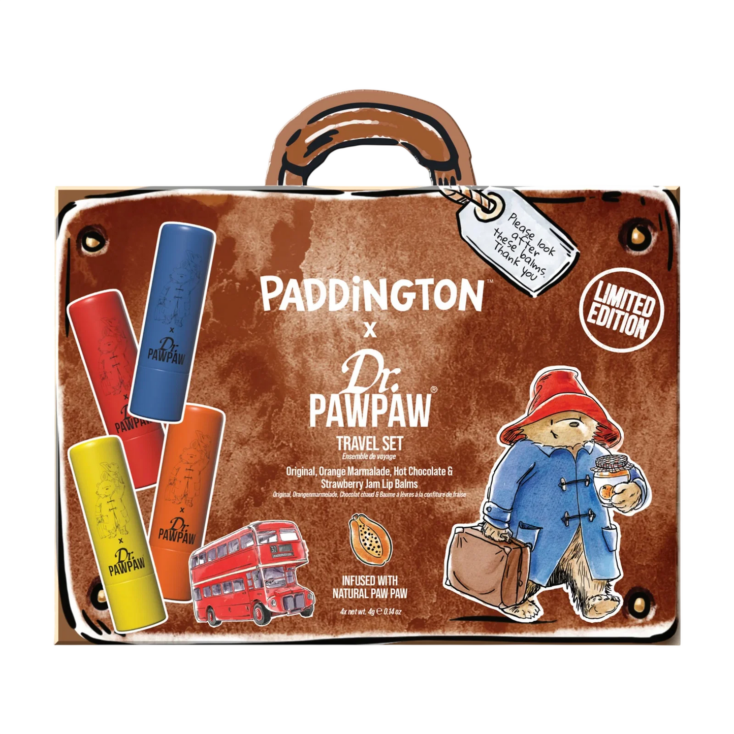 Set Dr. PawPaw: Paddington Orange Marmalade, Hydrating, Lip Balm, 4 g + Paddington Bear Original Balm, Vegan, Lip Balm, 4 g + Strawberry Jam, Hydrating, Lip Balm, 4 g