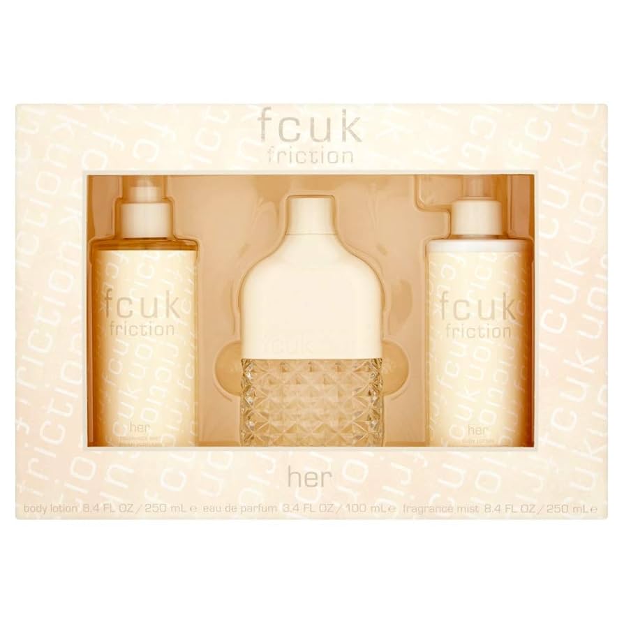 Set Fcuk: Friction, Eau De Parfum, For Women, 100 ml + Friction, Hydrates, Body Lotion, 250 ml + Friction, Scented Spray, For Women, 250 ml