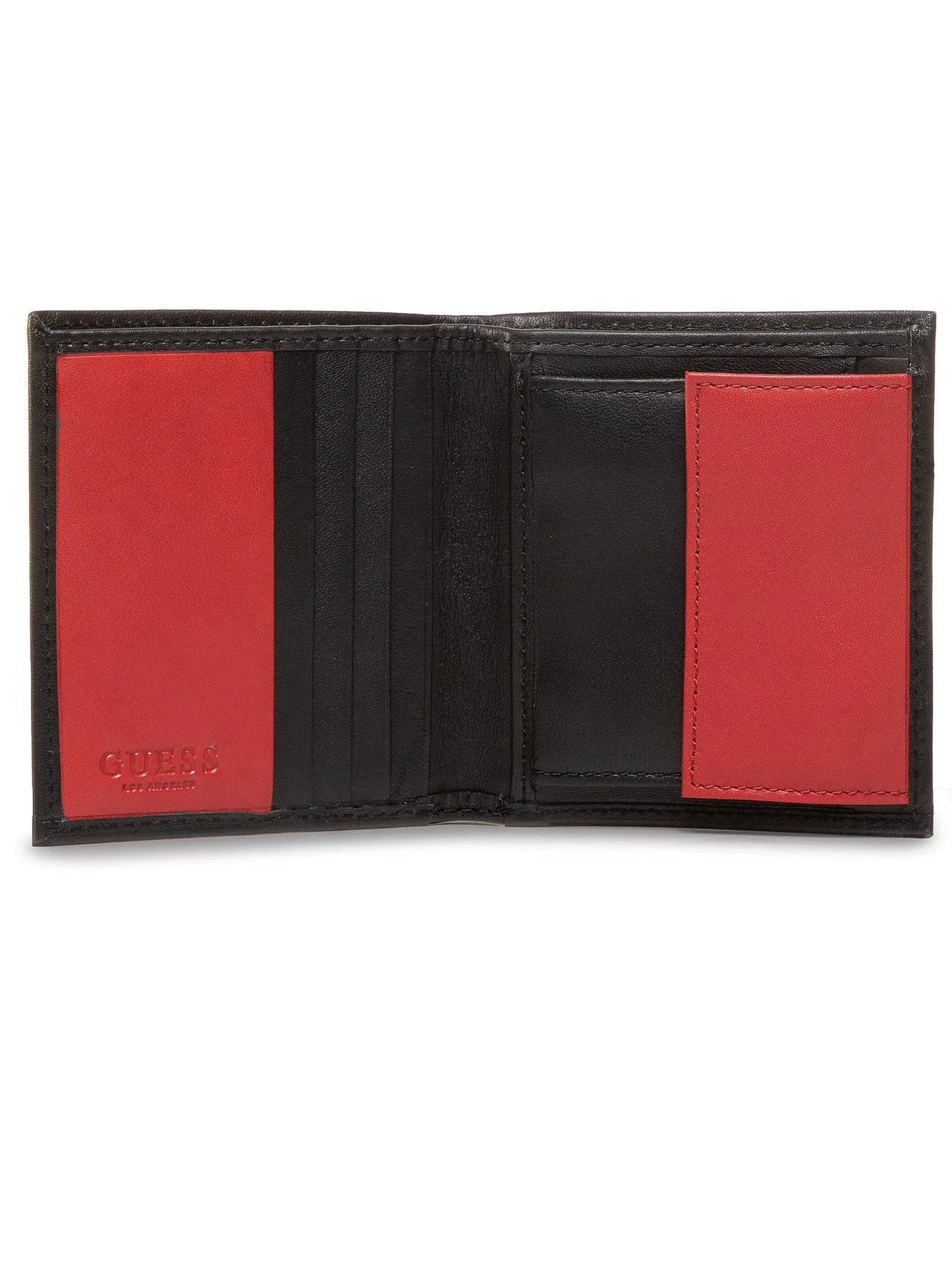 Set Guess: Guess, Leather Keyring, Black + Daelon, Leather Wallet, Small Billfold, Red/Black, For Men