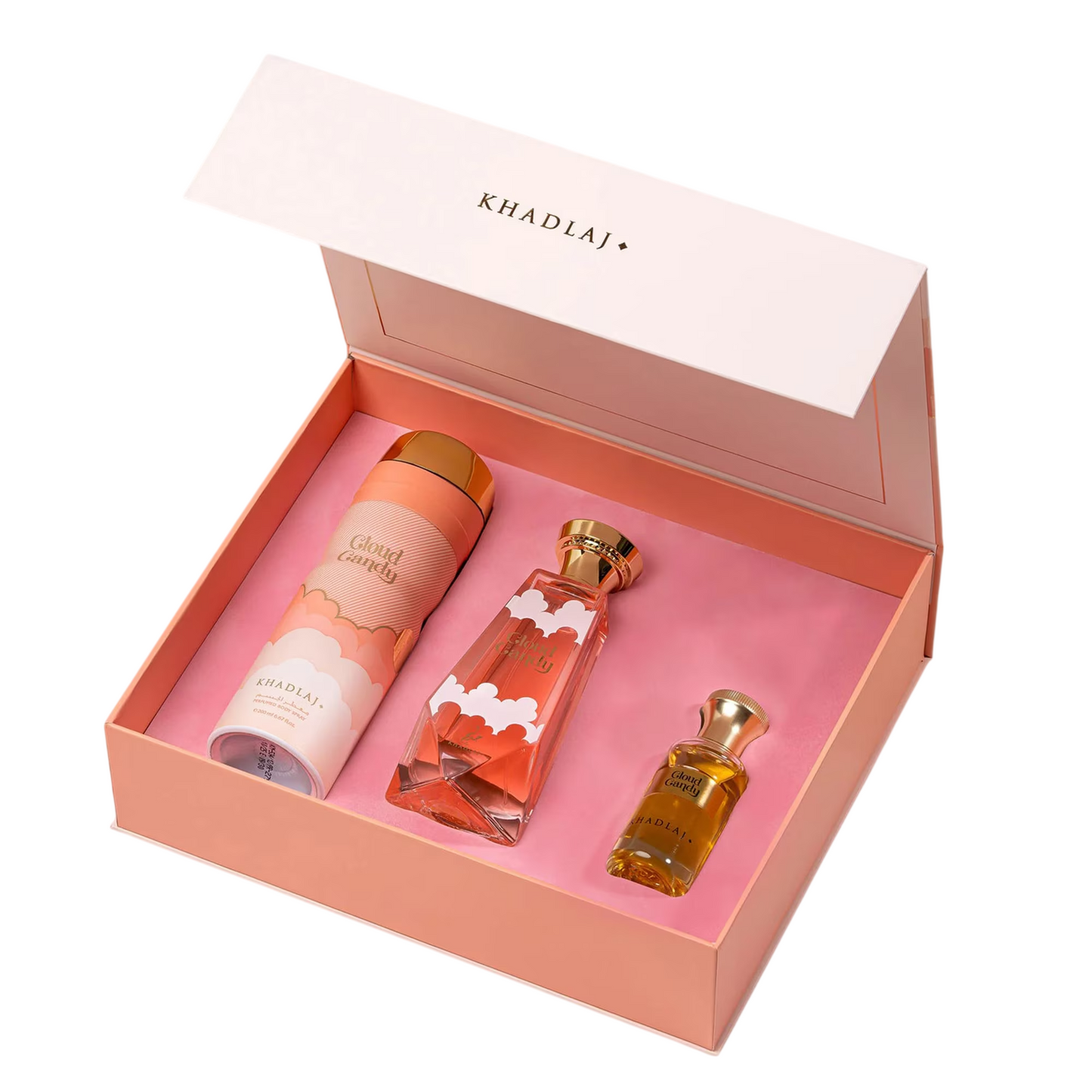 Set Khadlaj: Cloud Candy, Extrait De Parfum, Unisex, 100 ml + Cloud Candy, Deodorant Spray, For Women, 200 ml + Cloud Candy, Perfume Oil, Unisex, 25 ml