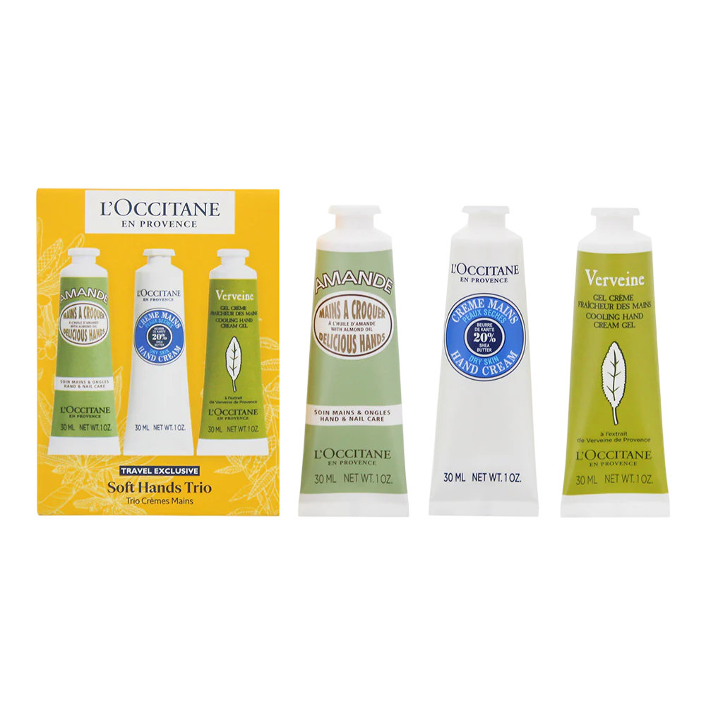 Set L'Occitane en Provence: Verbena, Hydrating, Hand Cream, 30 ml + Shea Butter, Moisturization, Hand Cream, 30 ml + Almond, Nourish, Hand Cream, 30 ml