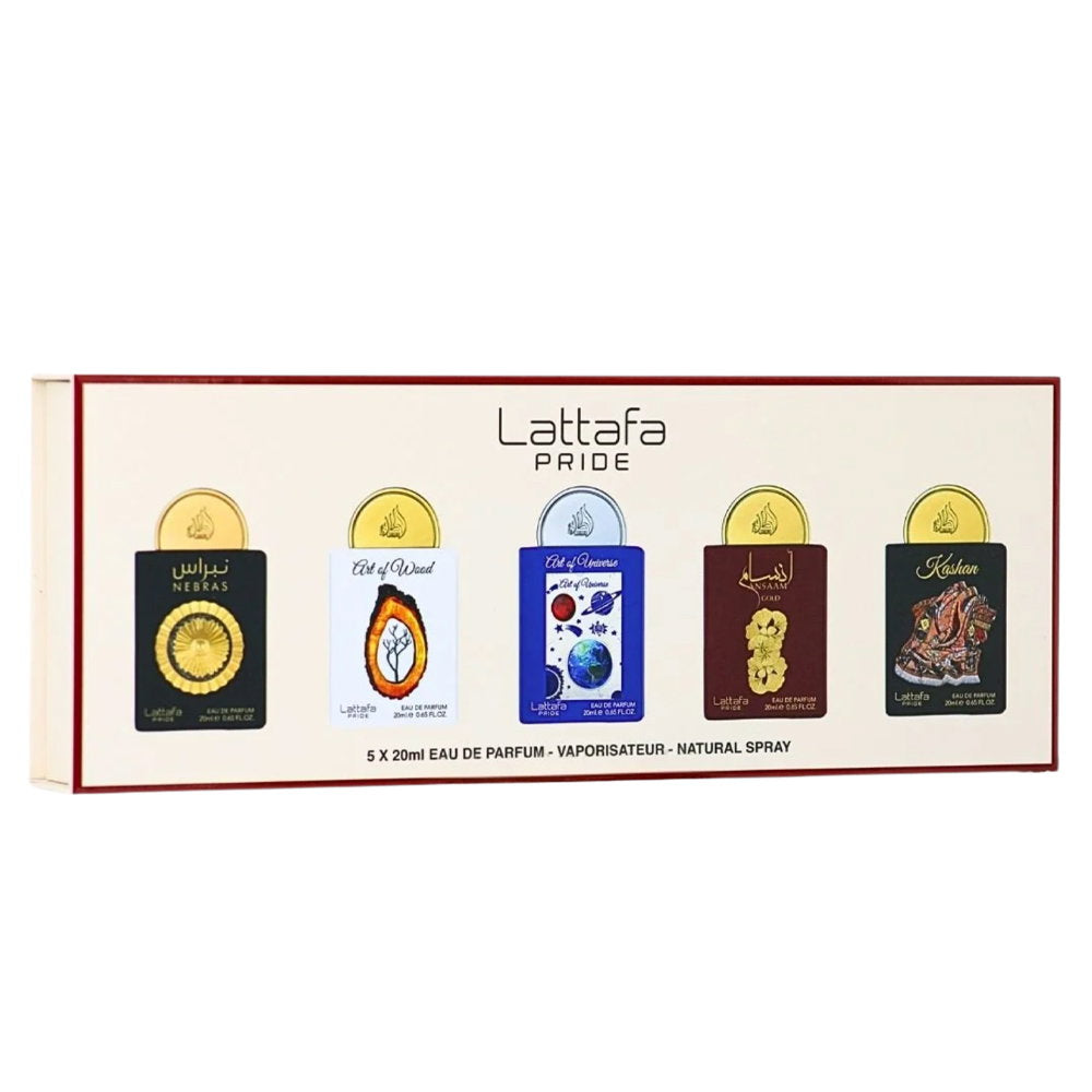 Set Lattafa: Nebras, Eau De Parfum, For Women, 20 ml + Art Of Wood, Eau De Parfum, For Women, 20 ml + Art Of Universe, Eau De Parfum, For Women, 20 ml + Ansaam Gold, Eau De Parfum, For Women, 20 ml + Kashan, Eau De Parfum, For Women, 20 ml
