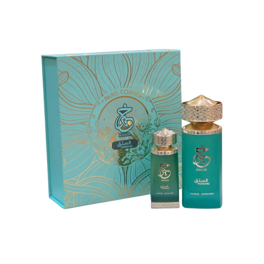 Set Paris Corner: Khair Pistachio, Eau De Parfum, Unisex, 100 ml + Khair Pistachio, Deodorant Spray, For Women, 200 ml