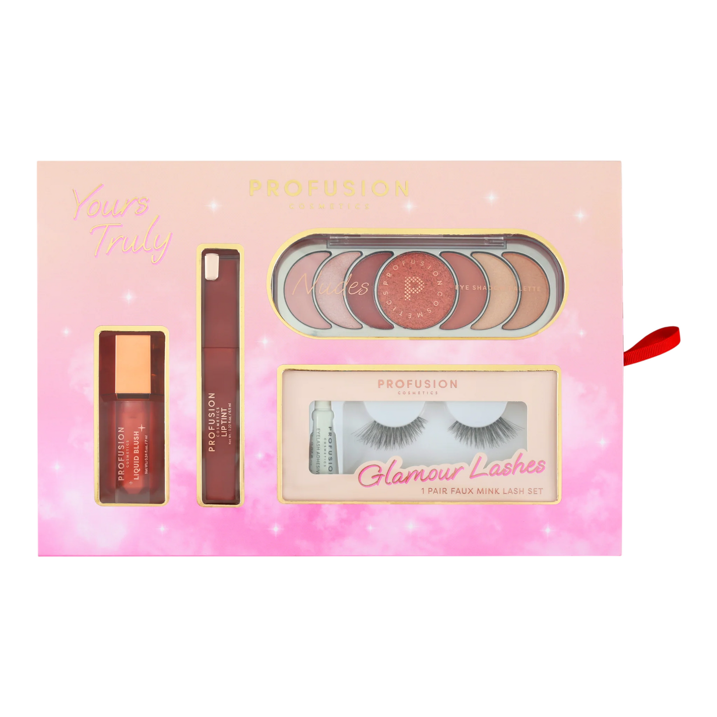 Set Profusion Cosmetics: Liquid Blush, Liquid Blush, 7 ml + Lip Tint, Liquid Lipstick, 6.5 ml + Nudes, Eyeshadow Palette, 7 Shades, 11 g + Glamour Lashes, False Eyelashes, 2 pcs