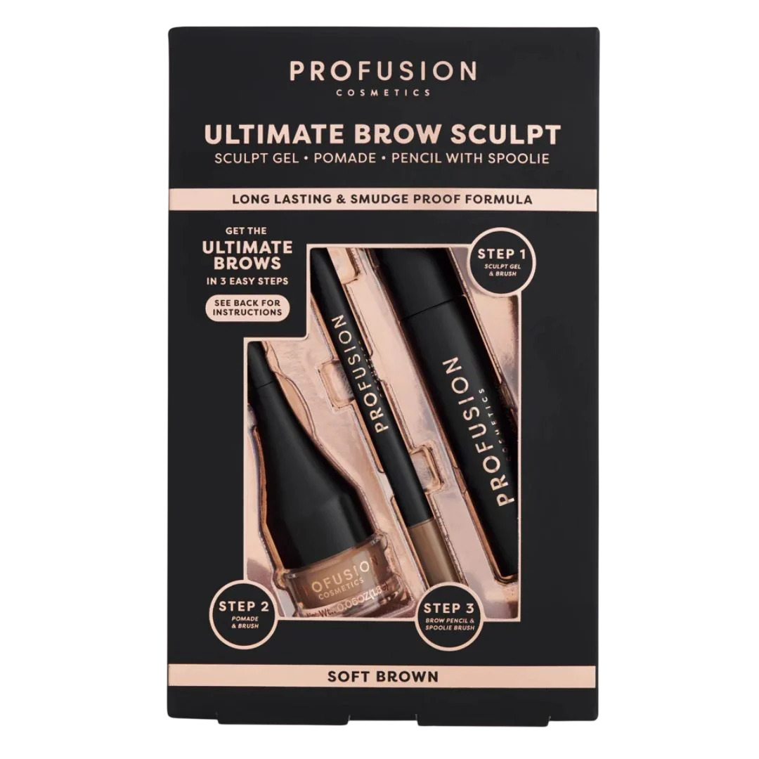 Set Profusion Cosmetics: Ultimate Brow Sculpt, Eyebrow Gel, Soft Brown, 1.8 g + Ultimate Brow Sculpt, Defining, Eyebrow Cream Pencil & Brush 2-In-1, Soft Brown, 0.07 g + Ultimate Brow Sculpt, Eyebrow Pomade, Soft Brown, 4 ml