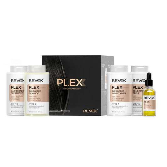 Set Revox B77: Plex Bond Step 3, Hair Cream Treatment, Anti-Breakage, 260 ml + Plex Bond Step 4, Hair Shampoo, For Strengthening, 260 ml + Plex Bond Step 5, Hair Conditioner, Restores, 260 ml + Plex Bond Step 6, Hair Cream Treatment, Repairing, 260 ml ...
