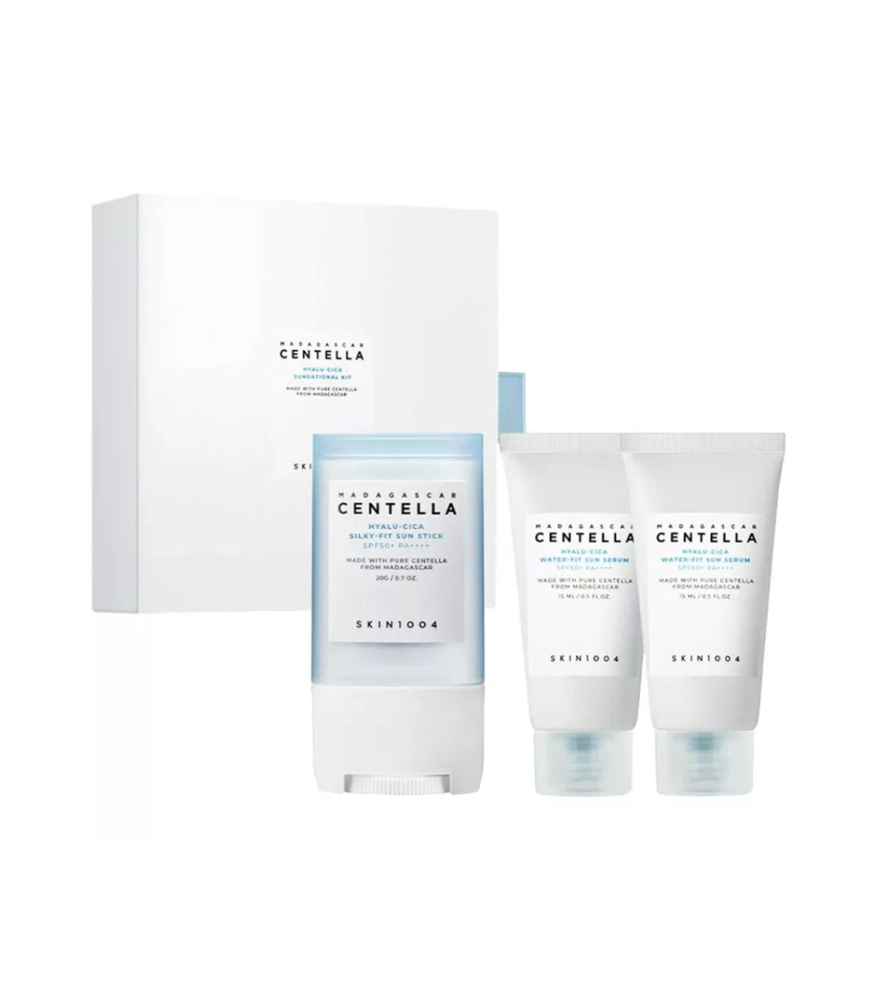 Madagascar  Centella Hyalu-Cica Sunsational Set Skin1004: Hyalu-Cica, Sunscreen Stick, SPF 50+, 20 ml + Set Duo, Hyalu-Cica, Hydrating & Protecting, Before Sun Exposure, Serum, For Face, SPF 50, 2 pcs, 100 ml