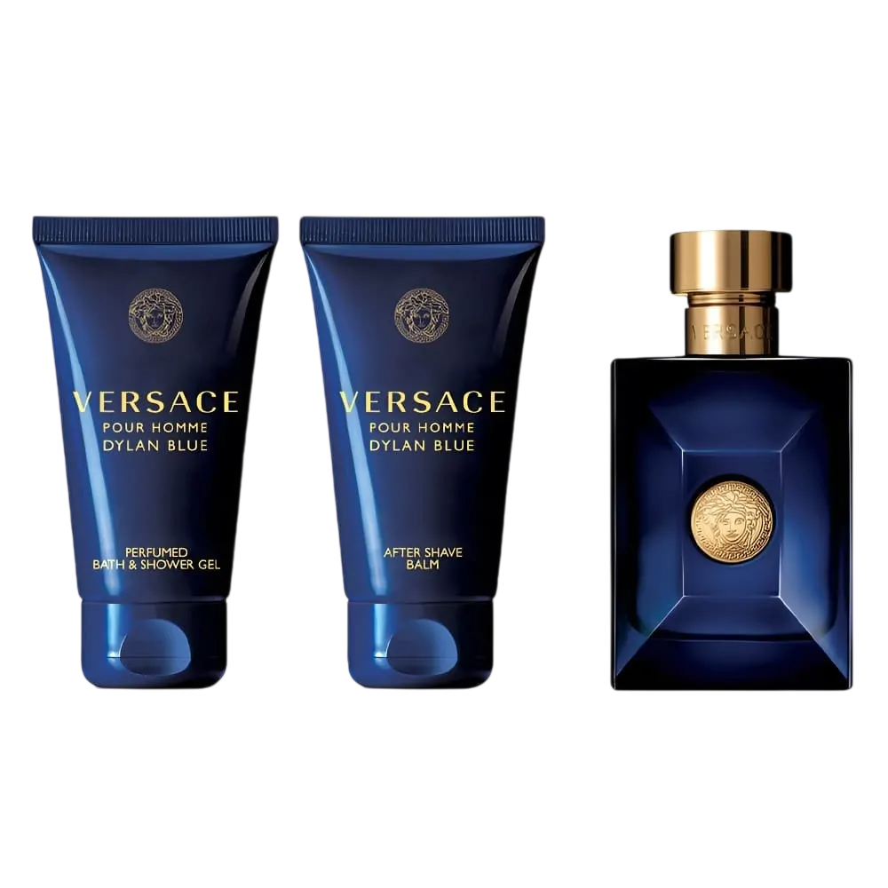 Set Versace: Dylan Blue, Calming, After-Shave Balm, 50 ml + Dylan Blue, Shower Gel, For All Skin Types, 50 ml + Dylan Blue, Eau De Toilette, For Men, 50 ml